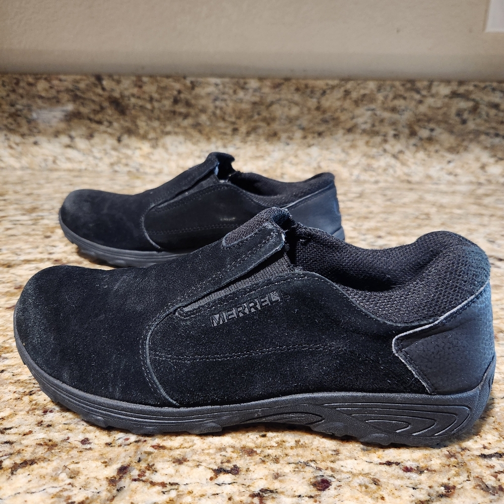 Merrel Novica Moc Leather Booties Shoes Black Slip On Clogs Hiking Trail 6
